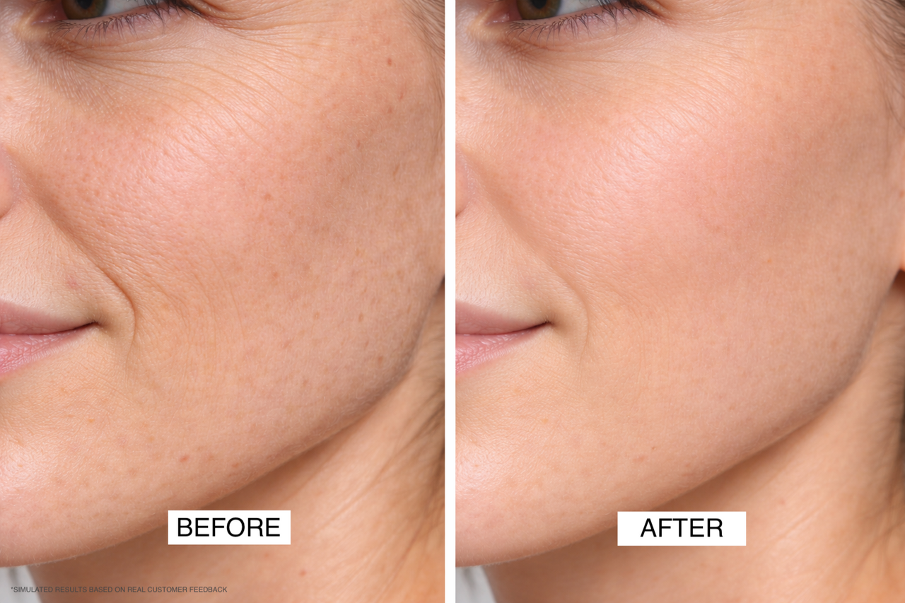 Before and after comparison of a woman's face with visible skin texture differences.